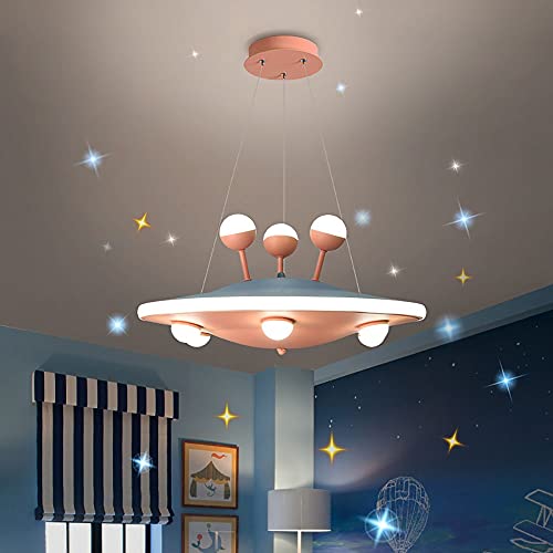 Children's Room LED Dimmable Pink Cartoon Spaceship Chandelier Creative Boy Girl Princess Bedroom Flush Mount Pendant Light Modern Kids Room Eye Protection Ceiling Fixture (Color : Blue) (Pink )