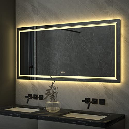 LUVODI 1050x500mm LED Bathroom Mirror: Illuminated Wall Mounted Vanity Mirror with Anti-fog Touch Button Double Lighting Backlit Mirror for Makeup Shaving Dressing, Horizontal or Vertical