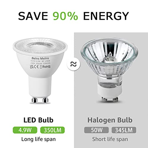 GU10 LED Bulbs Dimmable, Warm White 2700K, 50W Halogen Spotlight Replacement, 4.9W Dimmable GU10 LED Bulbs, 220-240V 350lm 38° Narrow Beam Angle - Pack of 10