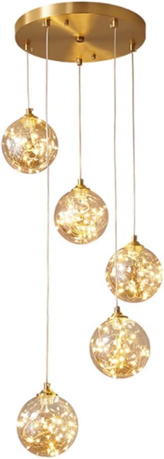 ISSPTYB 5 Light Long Globe Chandelier Bubble Balls Firework Glass Pendant Light Gold Foyer Chandeliers for High Ceilings Entryway Staircase Dining LED Chandelier for Kitchen Island Bedroom