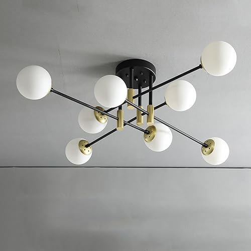 ISSPTYB Mid Century Modern Ceiling Light with Milk Glass Sputnik Bubble Chandelier Gold Black White Frosted Ball Close to Ceiling Lamp for Bedroom Farmhouse Dining Room Kitchen Living Room
