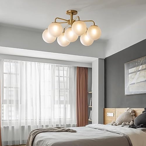 ISSPTYB 7 Light Modern Brass Gold Ceiling Light with Globe Frosted Glass Vintage Antique Semi Flush Mount Ceiling Light Fixture White Ball Bubble Chandelier for Dining Room Living Room Bedroom