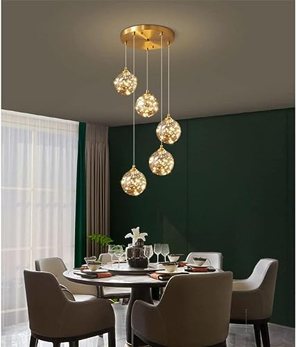 RAGGZZ 5 Light Long Globe Chandelier Bubble Balls Firework Glass Light Gold Foyer Chandeliers for High Ceilings Entryway Staircase Dining Led Chandelier for Kitchen Island Bedroom/Tricolor Light