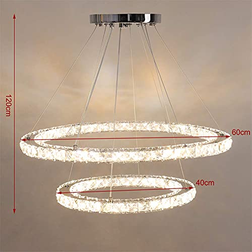 XEMQENER Dimmable Crystal Chandelier Light with Remote Control, 2 Heigh Adjustable Rings, 63W LED Ceiling Pendant Light for Bedroom Living Room Bar Hotel Restaurant(Ø40+Ø60cm, 3000k-6000k)