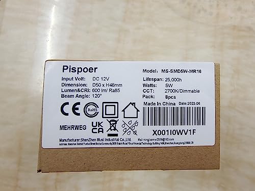Pispoer Dimmable MR16 GU5.3 LED Light Bulbs,Warm White 2700K,5W Equivalent 50W Halogen,DC12V LED Spotlight,600LM RA85,120° Beam Angle,Pack of 8.