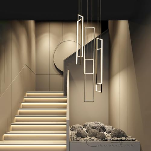 PANNN Pendant Light LED Dimmable Modern Chandelier with Remote Control Adjustable Height 230W Long Staircase Chandelier High Ceiling Light Fixture for Foyer Hotel, 6 Rings Rectangle Chandelier, Black