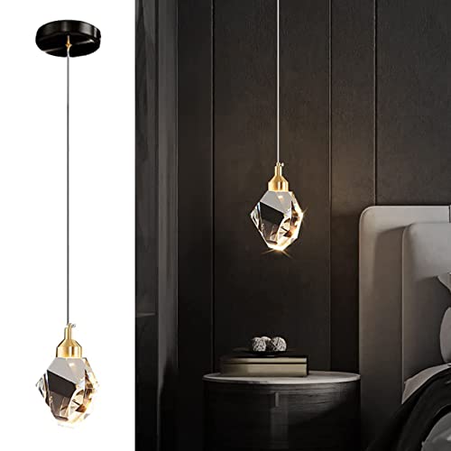 Modern Crystal Pendant Light, 3-Color LED Crystal Pendant Light, Adjustable Height Gold Ceiling Hanging Pendant Lamp, for Kitchen Island Bedroom Dining Room (Black)