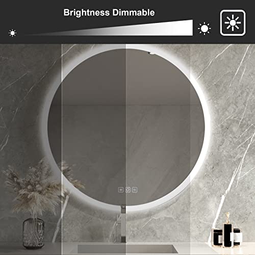 furduzz IL-03-70 700mm Round Bathroom Mirror with Lights, Wall Mounted Led Bathroom Mirror, Illuminated Backlit Bathroom Circle Mirror with Touch Switch, Dimmable, 3 Colour Change, Demister