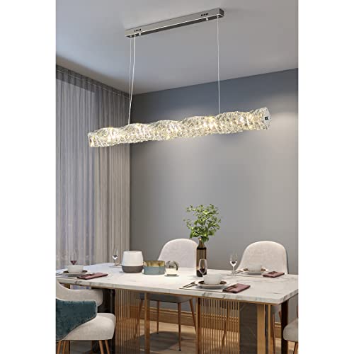 Modern Rectangular Crystal Home Decorative Lighting Pendant Lamp for Kitchen Island,Luxury Linear Crystal Pendant Light,LED Hanging Ceiling Light Fixture for Dining Room Living-Silver 100x12
