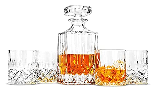 TEMKIN liquor-decanters Whisky Decanter Set, Premium 750 ml Crystal Scotch Decanter with 4 × 300 ml Glasses, Rock Barware for Party and Home Bar decanter
