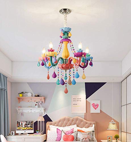 ZenithBeam Colorful Crystal Hanging Chandelier Light Fixture 6 Lights European Girls Room Pendant Ceiling Lighting Candle Chandelier for Girls Bedroom Living Room Dining Room Coffee Shop (Style A)
