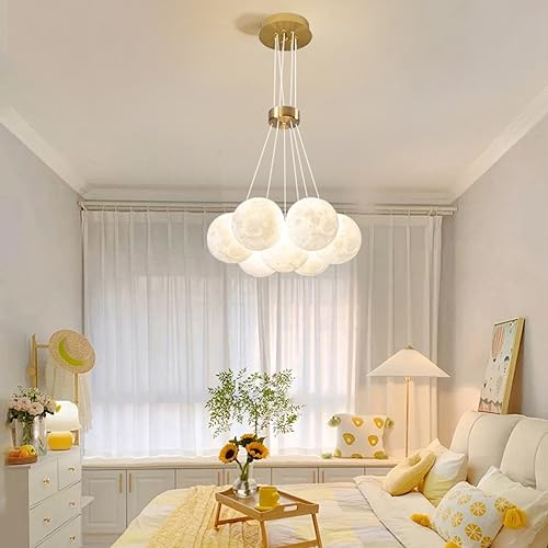ISSPTYB Modern Creative Moon Planet Earth Chandelier White Milk Ball Pendant Light Pink Cluster Bubble Ceiling Chandelier Dining Room Dimmable LED Hanging Lamp for Living Room Bedroom Kitchen