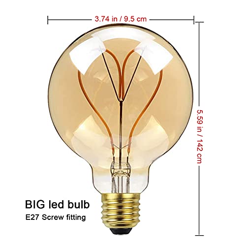 Gokoly E27 LED Vintage Light Bulb, Screw 4W Edison LED Filament Bulb, Big Size 95mm Globe Spiral LED Bulbs, Retro Amber Glass Decorative Light Bulbs, Warm White 2200K