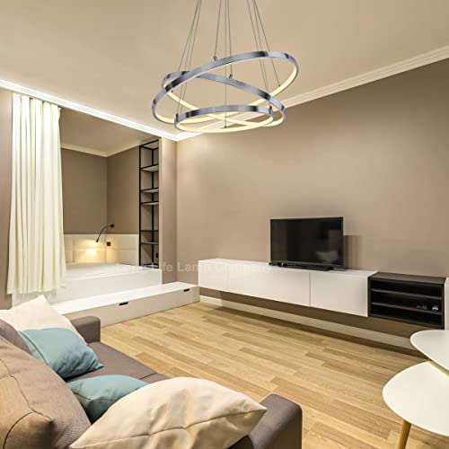 Long Life Lamp Company Futuristic LED Strip 3 Ring Pendant Light Chrome Warm White Ultra-Modern Ceiling Chandelier Round Suspended H3016