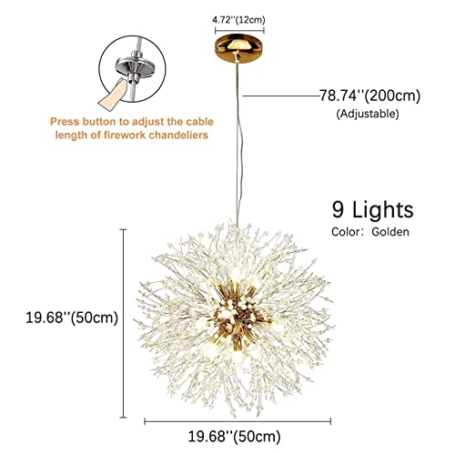 CAI-HAI Golden Dandelion Crystal Chandelier Modern Firework Chandelier Dining Room Bedroom Kitchen Island Living Room Lighting 9 Light 50cm