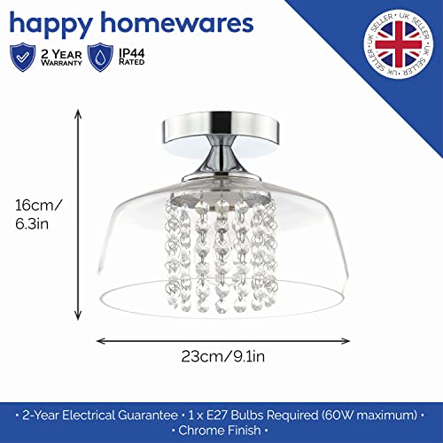 Happy Homewares Modern Designer Polished Chrome IP44 Rated Bathroom Ceiling Light Fitting with Strings of Transparent Acrylic Beads | 16cm x 23cm | 1 x E27 60w Maximum