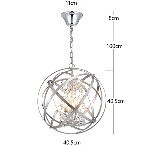 Bestier Crystal Antique Silver Chandelier Metal 4-Light Globe Pendant Lighting Ceiling Light Fixture Lamp for Dining Room Bathroom Bedroom Livingroom 4 G9 Bulbs Required Width 40.5 cm Height 40.5 cm