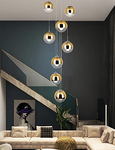AAOTE Modern Simple Spiral Staircase Chandelier Ceiling Balls Glass Bubble Lamp Large Pendant Light Fixtures for Living Room Hallway Duplex Hanging Lights,Gold,40×200cm,8 Ball