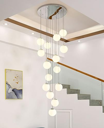 RAGGZZ 15 Glass Balls Staircase Chandelier Long Light White Milk Glass Bubble Chandelier Chrome Farmhouse Gold Ceiling Large Hanging Chandelier for Living Room Foyer Hallway Entryway/Chrome/Tricolor D