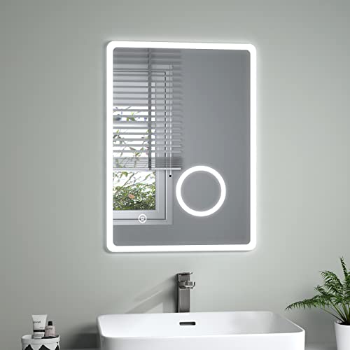 S'AFIELINA Bathroom Mirror with LED Lights 500 * 700 MM, Illuminated Backlit Wall Mounted Bathroom Mirrors with Shaver Socket and Demister Pad, 3X Magnifier, Vertical