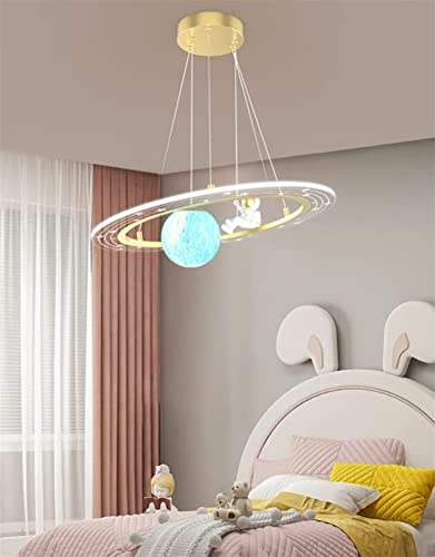 Ceiling Chandelier Lamp, Space Ship Kids Hanging Light Creative Cartoon Blue Planet Chandelier with Astronaut Dimmable Pendant Hanging Light Fixture for Boys Room, Kids Room