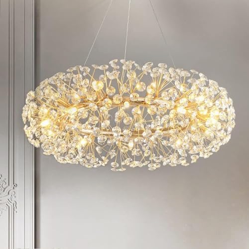 JAMJII Modern Crystal Dandelion Chandelier, D24'' Large Silver Ring Ceiling Pendant, Crystal Chandelier for Bedroom, Living Room, Dining Room,12 Lights,Gold