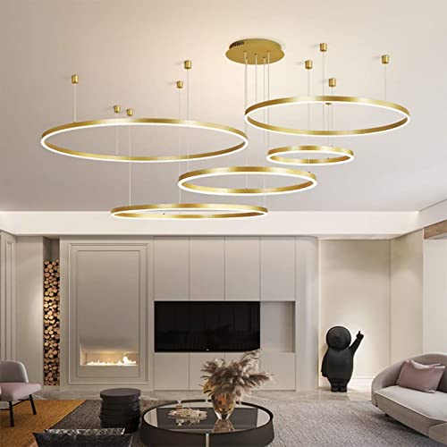 ZenithBeam Modern LED Chandelier, Dimmable Remote Control Metal Acrylic LED Pendant Light, Brushed Rings Ceiling Pendant Lamp, Living Room, Bedroom, Foyer, Dining Room