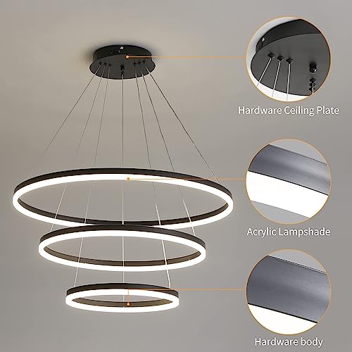 Mikeru Round Three Tier Chandelier, 40+60+80CM Modern Linear Dining Pendant Light with Remote Control 1.5m Cord Length Adjustable 0.1%-100% Dimmable 3000K-6000K for Kitchen, Office