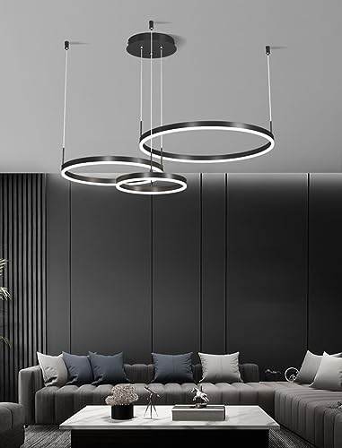 LED Pendant Light Modern Ring Circle Design Chandelier Lighting Dimmable Ceiling Hanging Lamp For Dining Table,Dining Room,Kitchen Island,Living Room ( Color : Black , Size : 3 rings/80+60+40CM/88W )