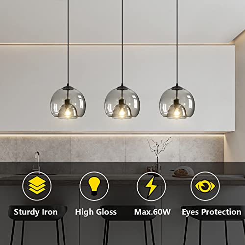 PTWFWI Pendant Light Fitting Modern Black Ceiling Light 3-Light Pendant Light E27 Hanging Lights with Globe Smoky Grey Glass Lamp Shades for Dining Room Living Room Kitchen Island, Max. 60W, 60x120cm