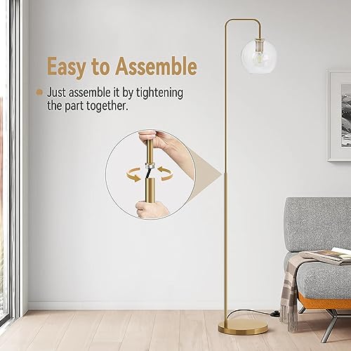 INMOZATA Floor Lamps for Living Room with Glass Lampshade, Reading Tall Lamp for Study, Brass Gold Industrial Standing Floor Lamp for Home Office