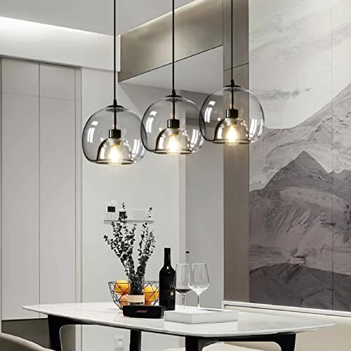 PTWFWI Pendant Light Fitting Modern Black Ceiling Light 3-Light Pendant Light E27 Hanging Lights with Globe Smoky Grey Glass Lamp Shades for Dining Room Living Room Kitchen Island, Max. 60W, 60x120cm