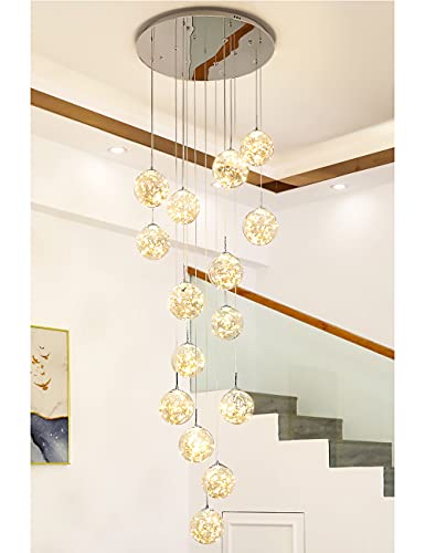 AAOTE Modern Simple Spiral Staircase Chandelier Crystal Light Shade Ceiling Balls Glass Bubble Lamp Large Pendant Light Fixtures for Living Room Hallway Duplex Hanging Lights,15 Balls,Champagne Gold