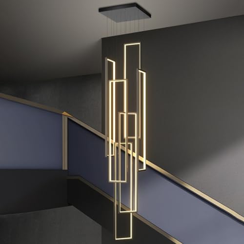 PANNN Pendant Light LED Dimmable Modern Chandelier with Remote Control Adjustable Height 230W Long Staircase Chandelier High Ceiling Light Fixture for Foyer Hotel, 6 Rings Rectangle Chandelier, Black