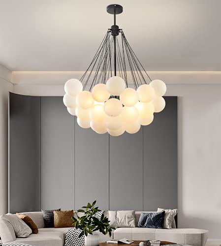 PPWW Modern Cluster Bubble Chandelier Trichromatic Light, Mid-Century Glass Globe Pendant Light, Black Finish Hanging Lamp Frosted Glass Ball Design Ceiling Chandeliers for Bedroom Living Room