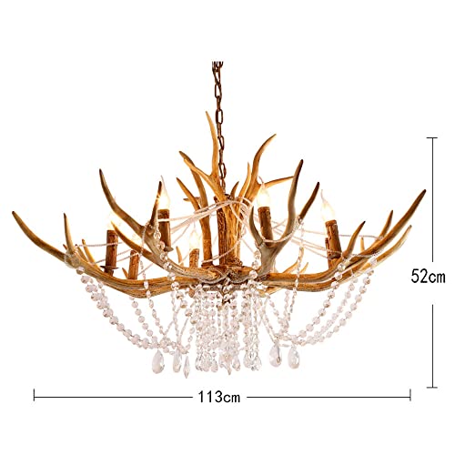 RAGGZZ 8-Lights American Country Antler Chandelier E14 Resin Light Clubhouse Crystal Hanging Lamp for Living Room Restaurant Clothing Store Villa Hotel Homestay Bedroom Study Cafe