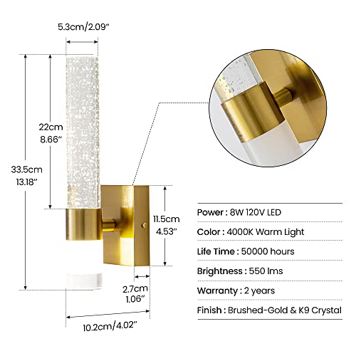 Epinl Gold Sconce Wall Lighting - Modern Gold Wall Sconce Crystal Wall Light LED Wall Mount Light Vertical and Horizontal Bathroom Vanity Light Fixture for Living Room Bedroom