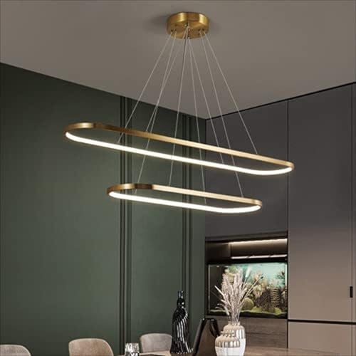 DUBOXX Oval Shape Pendant Light 71W LED Ceiling Lighting Dimmable Golden Brass Chandelier 47 Inch (120 Cm) Modern Kitchen Hanging Lights Fixture, 2 Ring, Suitable for Office, Dining Room