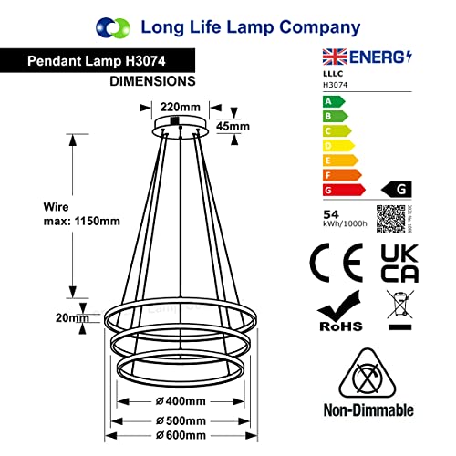 Long Life Lamp Company Futuristic LED Strip 3 Ring Pendant Light Chrome Cool White Ultra-Modern Ceiling Chandelier Round Suspended H3074
