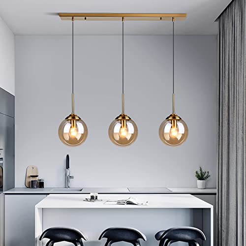 S-Cevada Industrial Vintage 3 Way Pendant Lights Cluster in Brass Metal Finish, Complex 3-in-1 Glass Ball Ceiling Hanging Lamp, Kitchen Island Loft Bar Chandelier (Straight, Amber)