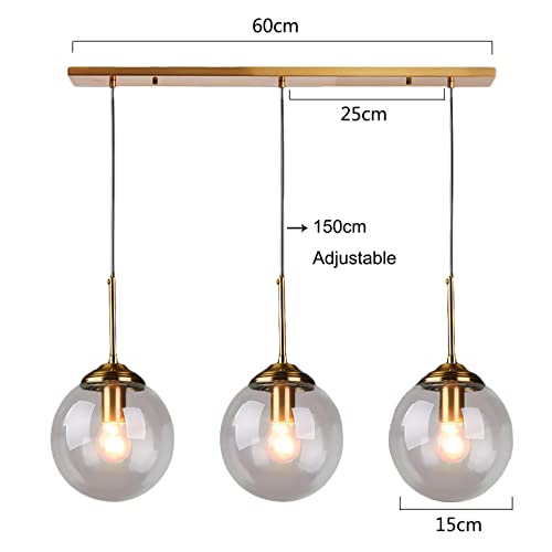 S-Cevada Industrial Vintage 3 Way Pendant Lights Cluster in Brass Metal Finish, Complex 3-in-1 Glass Ball Ceiling Hanging Lamp, Kitchen Island Loft Bar Chandelier (Straight, Amber)