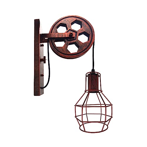 LEDSone Vintage Retro Style Industrial Wall Sconce Loft Pulley Wheel Lamp Rustic Red Light Fixture with Wire Cage Shade for Pub Restaurants BAR, E27 UK (Rustic Red)