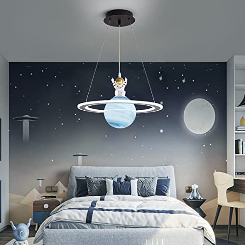 LED Pendant Light for Children's Room, 72W Ceiling Light dimmable Creative Earth Astronaut Design Kids Lamp Girls Boys Bedroom Hanging Lamp, Height Adjustable Modern Chandelier, 48cm