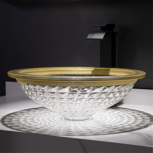 TEmkin Round Bathroom Vessel Sink, Vanity Vessel Sink with Black Faucet, Artistic Crystal Glass Bowl Basin Set, Above Counter Basin with Accessories