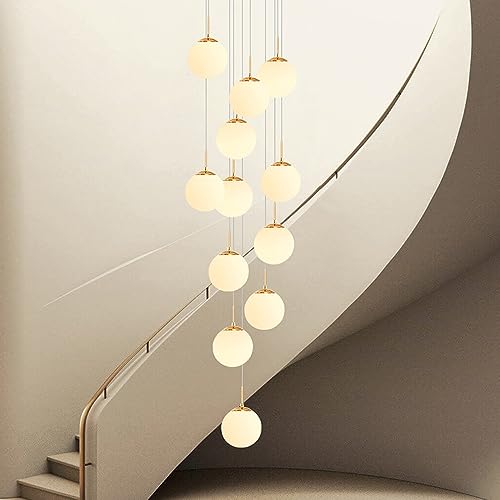 RAGGZZ 12 Ball White Milk Glass Long Chandelier Staircase Foyer High Ceilings Hanging Lamp Mid Century Light Frosted Bubble Chandelier for Entryway Living Room Dining Room, Gold Chrome/Gold/Tricolor D