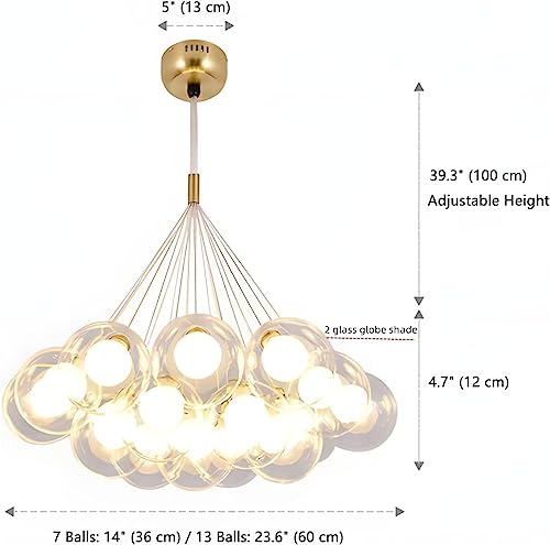 ISSPTYB Contemporary Clear Glass Bubble Chandelier 7/13 Ball Lamp Milk Globe Ceiling Pendant Light Hanging Nordic Modern Gold Dining Room Chandelier Over Table Living Room Kids Bedroom Foyer