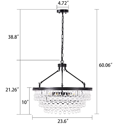 Tochic Black Crystal Chandelier 24 inch, Modern Farmhouse Light Fixtures Ceiling Hanging Crystal Pendant Lighting for Dining Room, Kitchen Island, Living Room, Bedroom, 3 Tiers