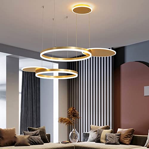 JMrider LED Modern Pendant Lamp Living Room Hanging Lamp Dimmable with Remote Control 5 Round Ring 80W Ceiling Light Height Adjustable Metal Acrylic Chandelier Dining Room Bedroom Suspension,Gold