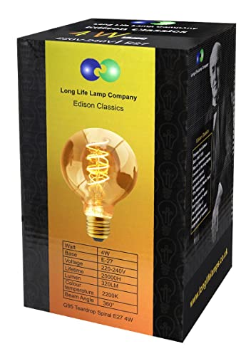 Long Life Lamp Company Retro Vintage Globe LED Warm White 4w Edison Style Spiral Filament Bulb Smoked Gold Glass G95 Teardrop E27, EG95TD4W