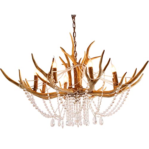 RAGGZZ 8-Lights American Country Antler Chandelier E14 Resin Light Clubhouse Crystal Hanging Lamp for Living Room Restaurant Clothing Store Villa Hotel Homestay Bedroom Study Cafe